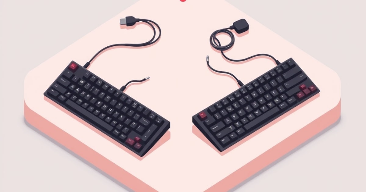 Wireless mechanical keyboard with USB-C cable coiled beside it on a wooden desk